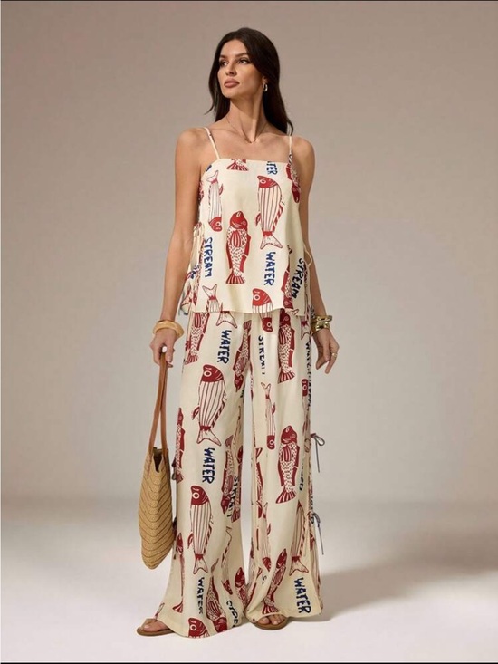 Pants - Women’s Cream Wide-Leg Fish Print Jumpsuit Set - Blue Print